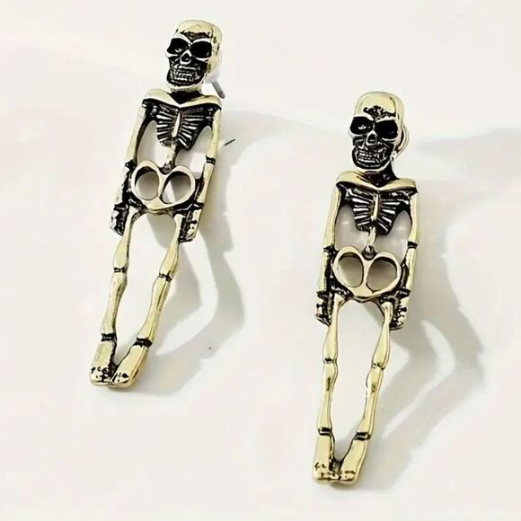 Halloween Dangle Skeleton Earrings In Brushed Gold - Picture 1 of 3